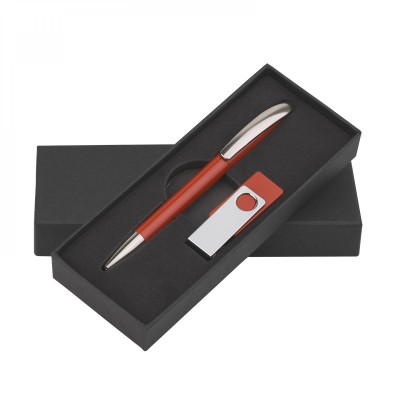 Набор: флешка 16Гб и ручка в футляре, красный с серебром