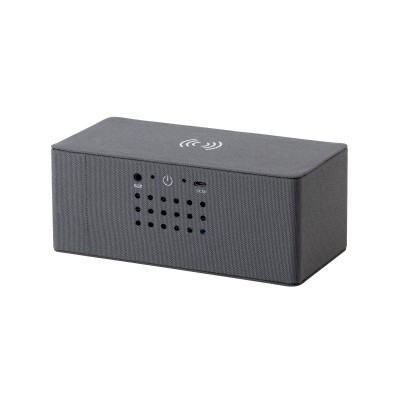 Bluetooth колонка с двумя динамиками (2х3Вт) и беспроводным зарядным устройством, переработанный пластик (RPET), серый