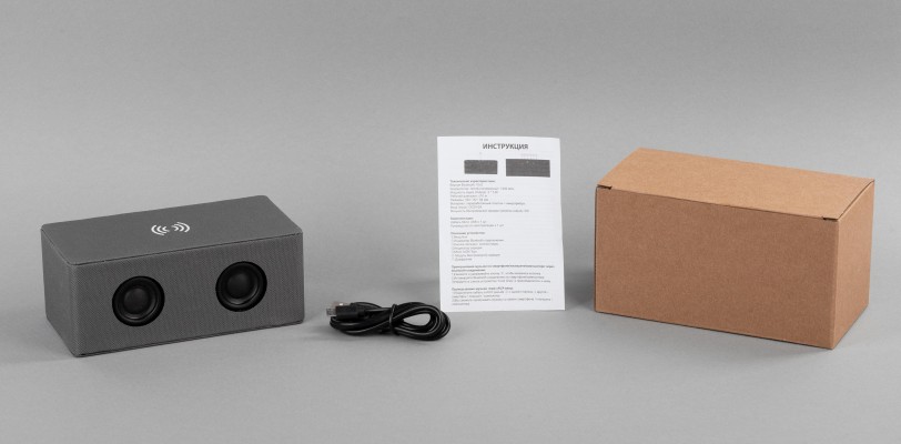 Bluetooth колонка с двумя динамиками (2х3Вт) и беспроводным зарядным устройством, переработанный пластик (RPET), серый