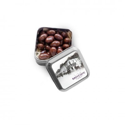 Миндаль в шоколаде 110гр в жестяной банке с прямой печатью с логотипом заказчика