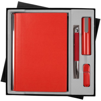 Набор: ежедневник, аккумулятор, флешка и ручка, красный