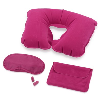 Подушка надувная дорожная, повязка на глаза, беруши, розовая