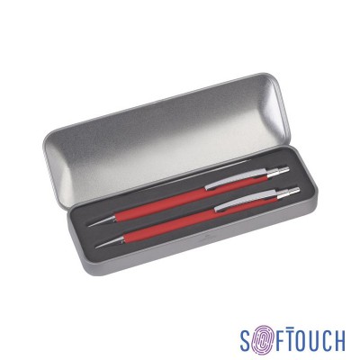 Набор ручка+карандаш,  красный в футляре, металл/soft touch, красный