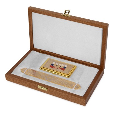 Набор визитница с закладкой для книг с символикой РФ деревянной коробке, латунь, золото, никель
