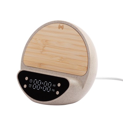 Настольные часы с беспроводным (10W) зарядным устройством и будильником, пшеница/бамбук/пластик, бежевый