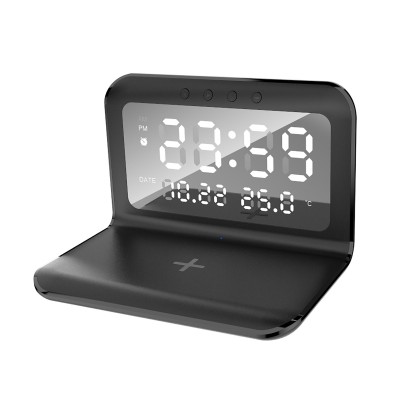 Настольные часы с беспроводным (15W) зарядным устройством, будильником и термометром, со съёмным дисплеем, черный