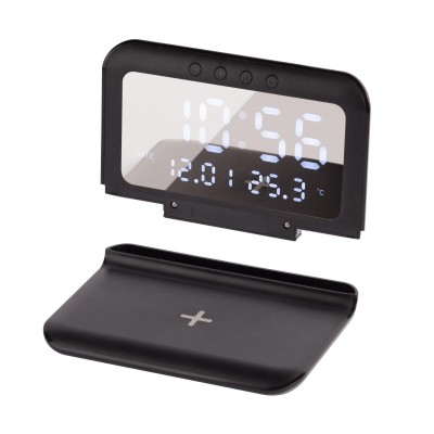 Настольные часы с беспроводным (15W) зарядным устройством, будильником и термометром, со съёмным дисплеем, черный