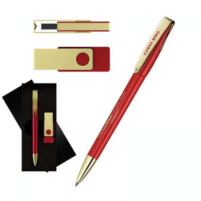 Набор ручка + флеш-карта 8Гб красный с золотистой отделкой
