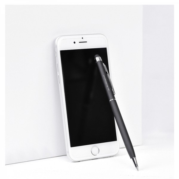 Ручка шариковая, покрытие софт-тач, со стилусом, черная черный, серебристый