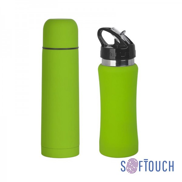 Набор: термос и бутылка спортивная, софт-тач, зеленое яблоко