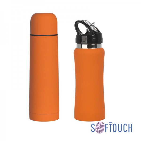 Набор: термос и бутылка спортивная, софт-тач, оранжевый