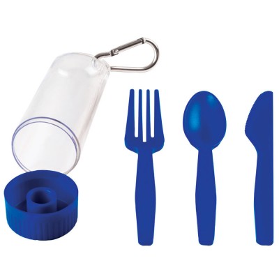 Набор: ложка, вилка, нож в футляре с карабином, пластик, синий