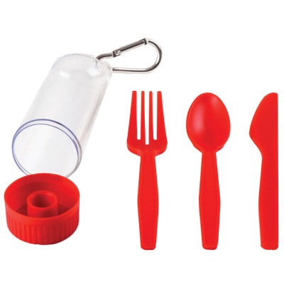 Набор: ложка, вилка, нож в футляре с карабином, пластик, красный