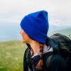 Шапка вязаная двойная с отворотом, акрил, темно-синяя