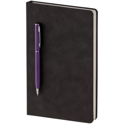 Блокнот 13х21см с ручкой, черный с фиолетовым